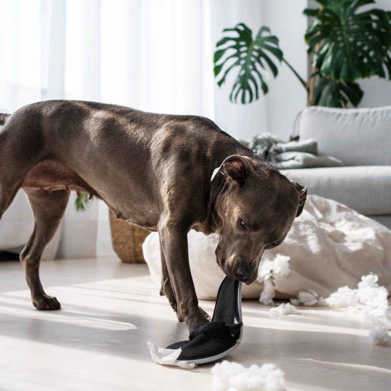 Brauner Hund spielt mit einem Schuh und verstreut dabei Kissenfüllung im Raum.